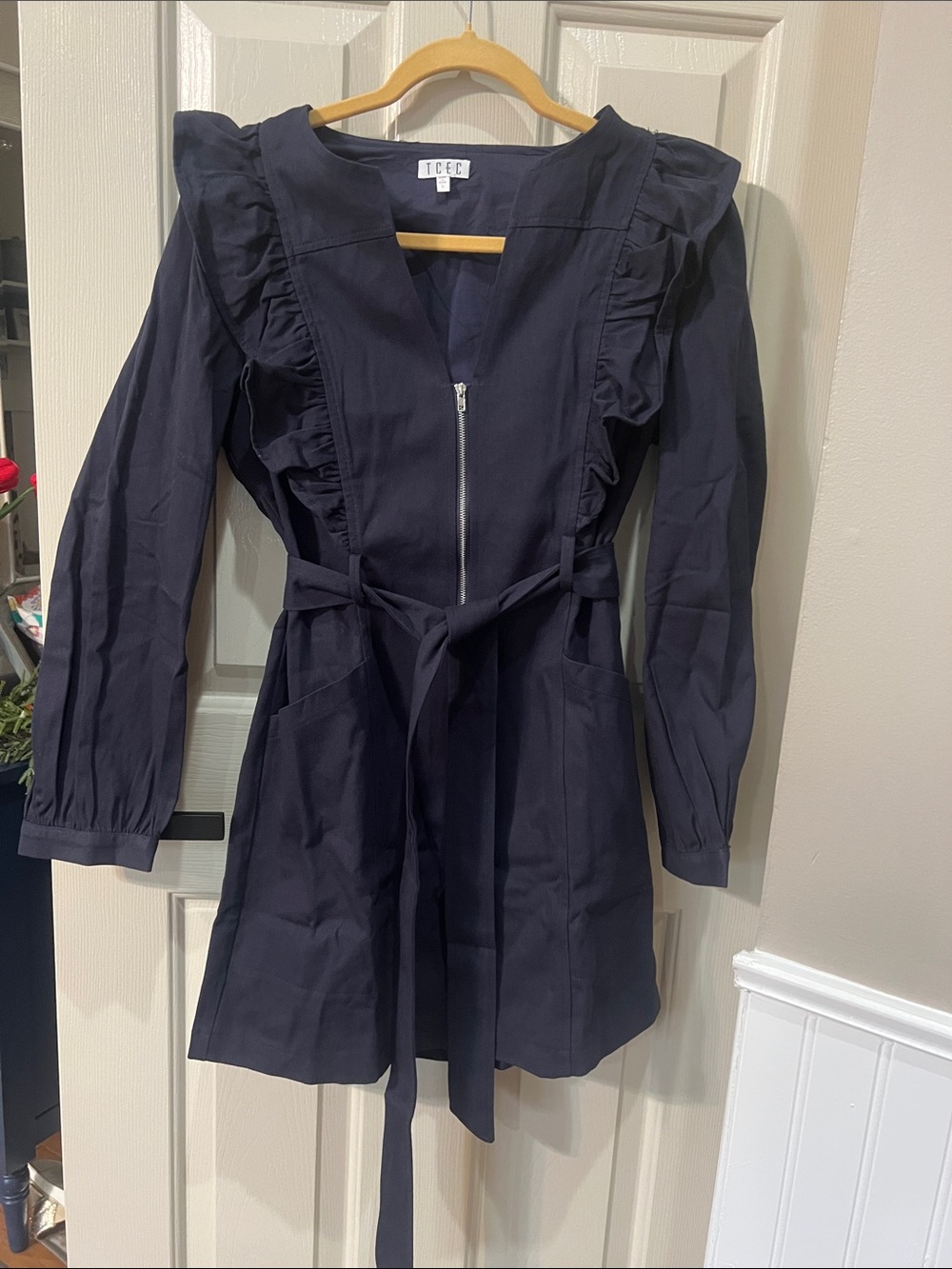 TCEC Navy Ruffle-Trim Mini Dress with Front Zip & Tie Waist